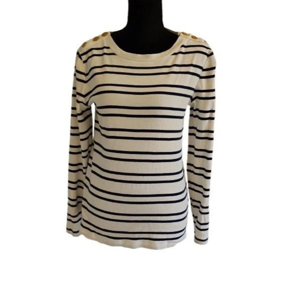 J.Crew Perfect Fit Long Sleeve Navy White Striped Sailor Top Gold Button...